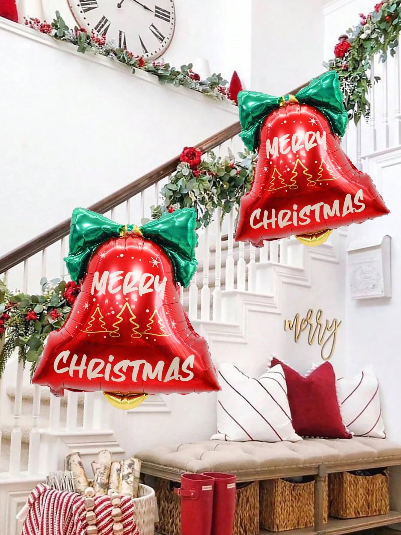 Ballons en aluminium avec cloche de noël, 2 pièces, design en forme de cloche à nœud, adaptés à la décoration de noël, fête de noël