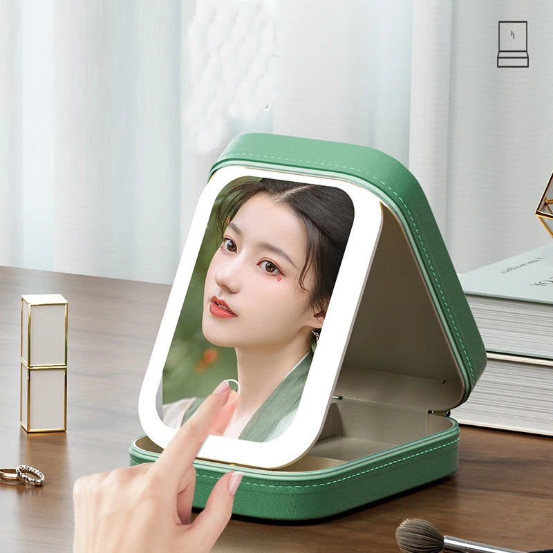 Boîte de rangement de maquillage miroir LED, étui de maquillage de voyage Portable, sac à cosmétiques, boîte de rangement de maquillage de grande capacité, accessoires de maquillage