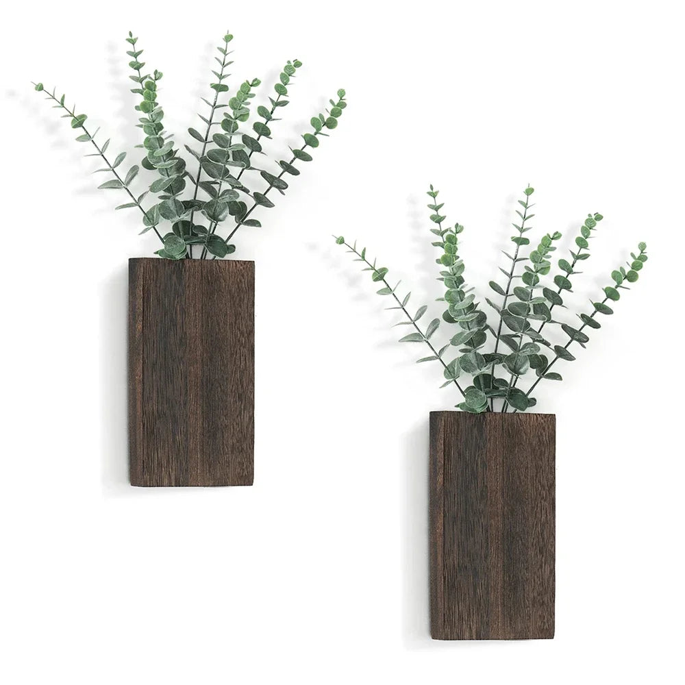 Jardinière murale en bois de ferme, paquet de 2 Vase suspendu avec fausses fleurs séchées d'eucalyptus, décor pour salon, chambre à coucher, maison