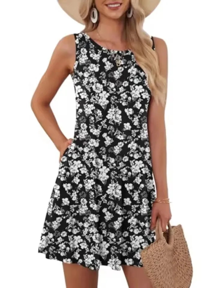 Mini robe trapèze rétro à col rond pour femmes, robes d'été pour femmes, poche en fibre, imprimé floral, glacé, précieux, décontracté