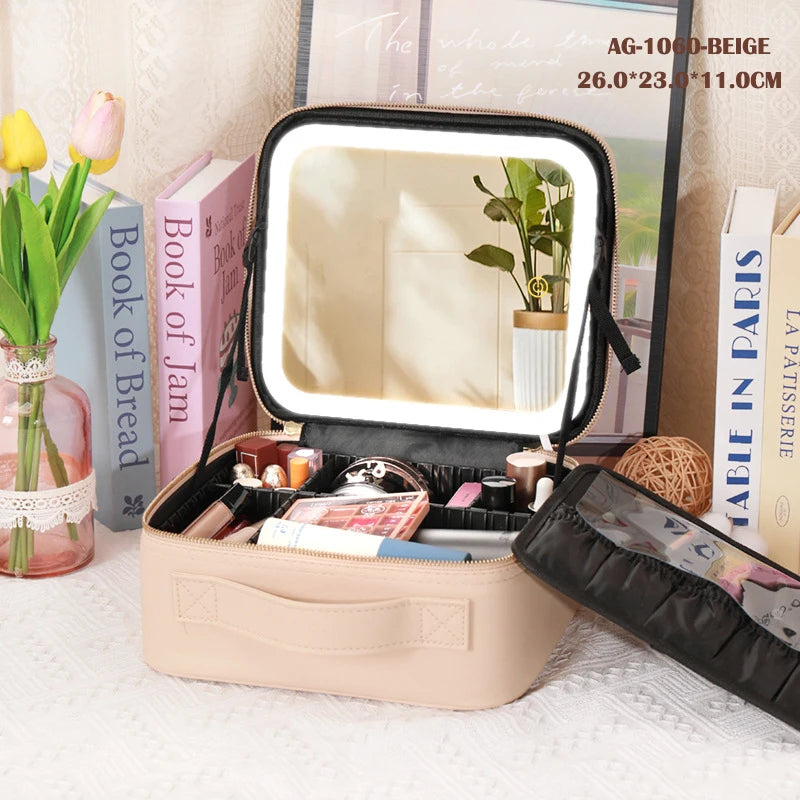Boîte de rangement de voyage Portable pour cosmétiques, avec sacs de vanité rechargeables Led 2000mAh, étui de maquillage avec miroir lumineux Led