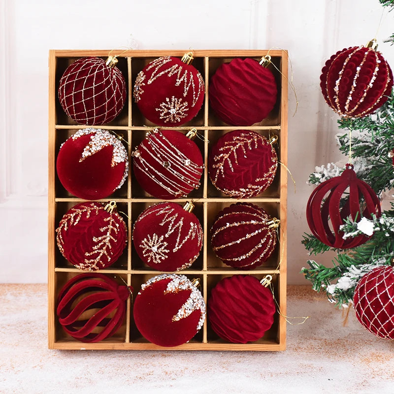 Ornements de boule de Noël rouge vin, paillettes scintillantes, velours, arbre de Noël 8cm, 4 pièces par boîte