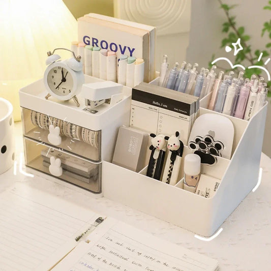 Boîte de rangement transparente pour cosmétiques, organisateur de bureau avec tiroirs, porte-stylo, support de rangement stationnaire pour bureaux de bureau
