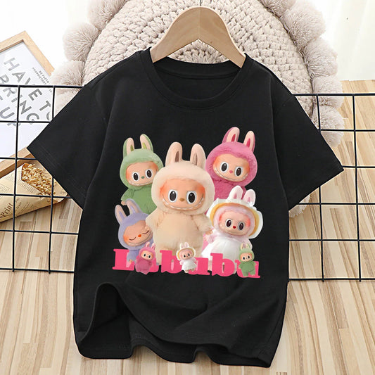 Labubu T-shirt pour enfants mignon dessin animé Anime T-shirt haut noir à manches courtes col rond vêtements mode enfants vêtements d'été cadeau
