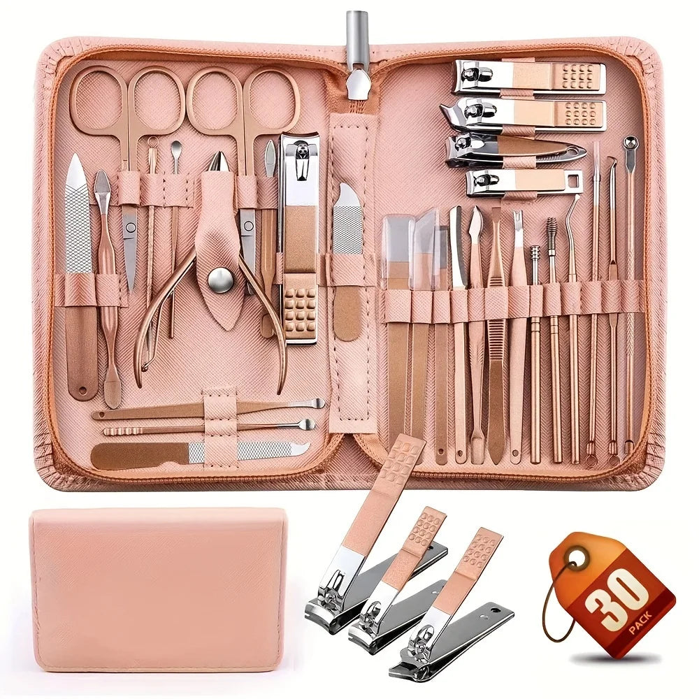 Ensemble d'outils de manucure coupe-ongles 30 pièces, avec étui de voyage Portable, pinces à cuticules et Kit de coupe, coupe-ongles professionnel