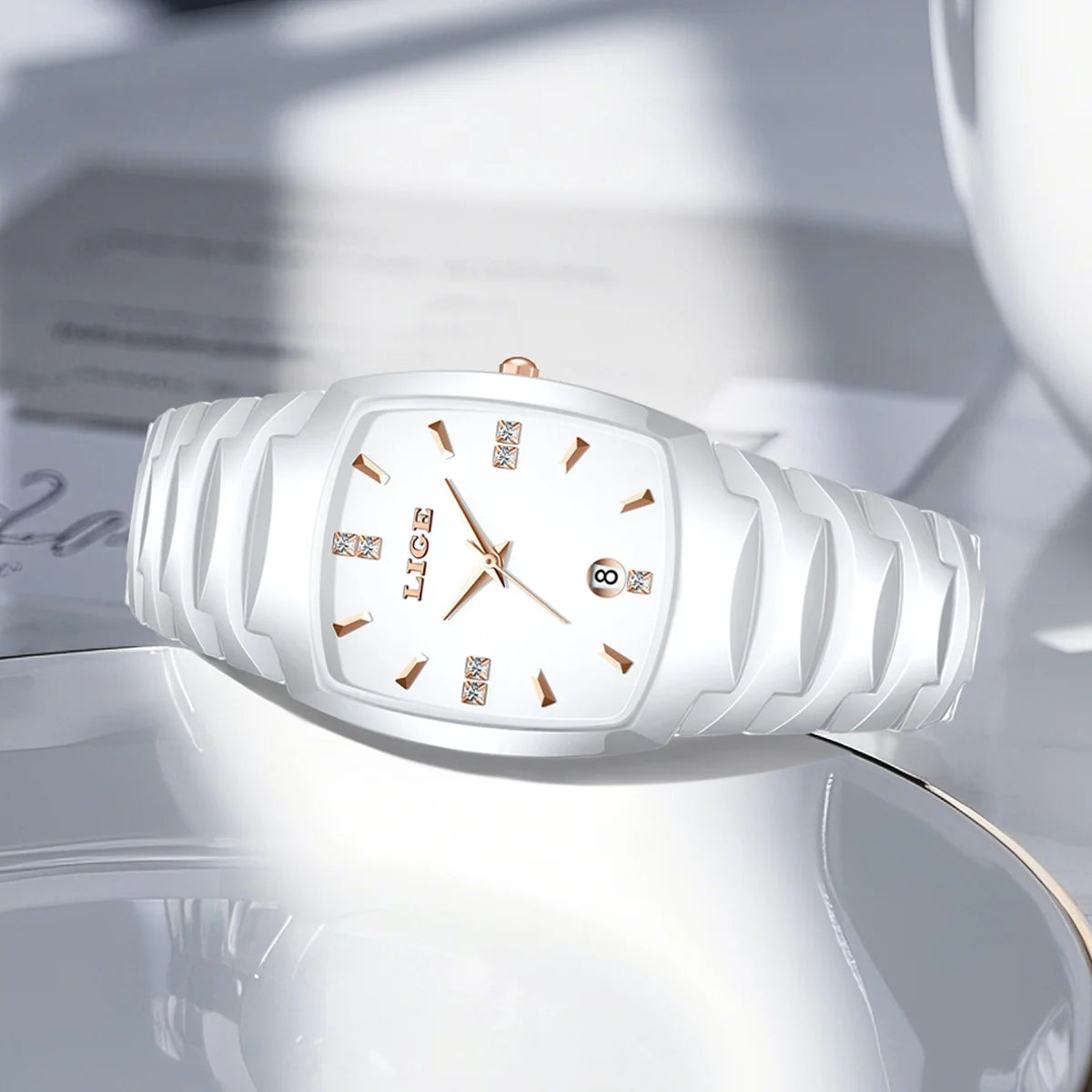 LIGE décontracté élégant femmes montre mode blanc bracelet en céramique calendrier montre à Quartz étanche affaires de luxe cadeau dames montres