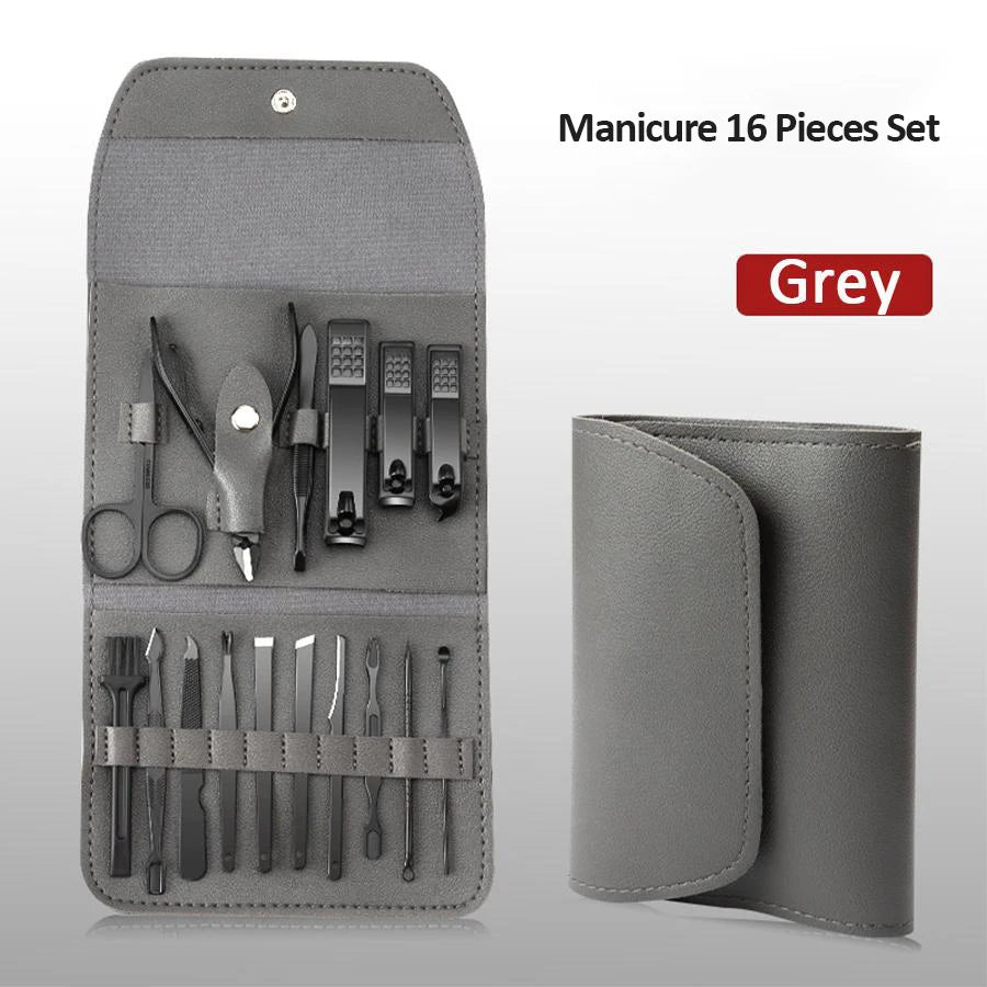 Kit de toilettage des ongles de qualité supérieure, 16 pièces, pour la maison, tondeuses en acier inoxydable, ensemble de pédicure et étui de voyage inclus, ensemble de manucure