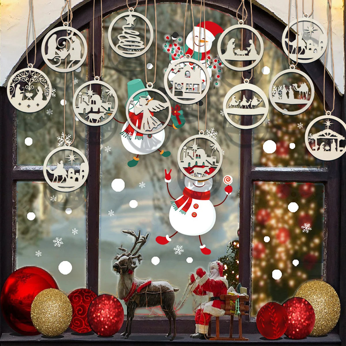 Pendentif Noël en bois avec boule - 12 pièces