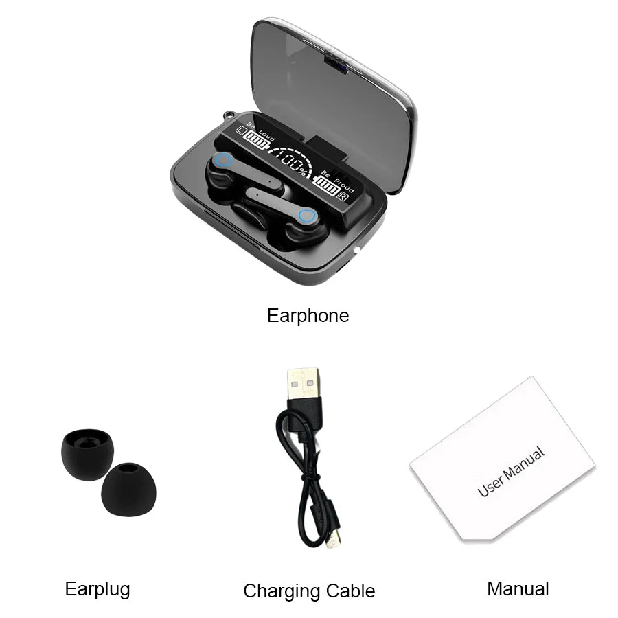 Casque Bluetooth sans fil M19 TWS, prise en charge du jeu, antibruit, tactile, intra-auriculaire, mini banque d'alimentation d'urgence