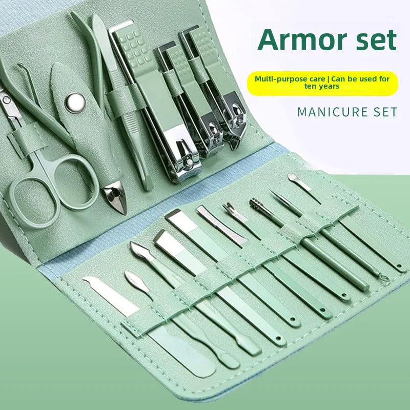 Kit de toilettage des ongles de qualité supérieure, 16 pièces, pour la maison, tondeuses en acier inoxydable, ensemble de pédicure et étui de voyage inclus, ensemble de manucure