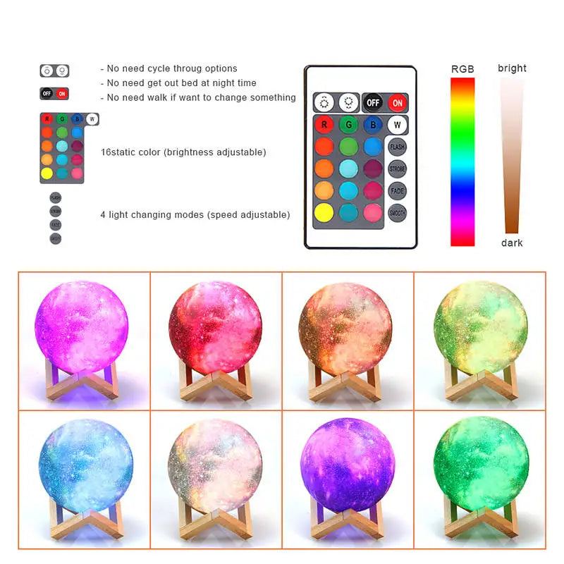 Lampe lunaire imprimée en 3D, 16 couleurs, veilleuse LED à distance, Rechargeable, veilleuse d'ambiance, décoration intérieure de chambre à coucher, cadeaux de noël