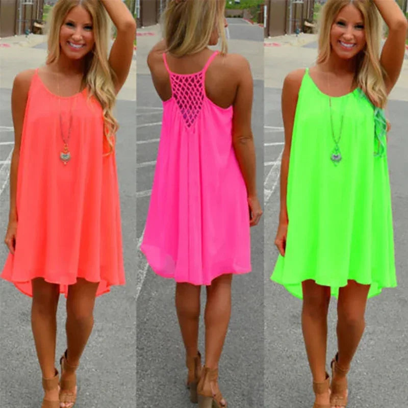 Robe de plage ample et décontractée pour femmes, Mini, sans manches, bretelles Spaghetti, ajouré, vêtements pour filles, moulante, été