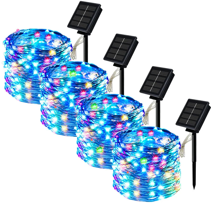 Guirlande solaire d'extérieur LED, guirlande féerique en fil de cuivre, lampe de décoration de jardin, cour, fête de noël, 8 modes