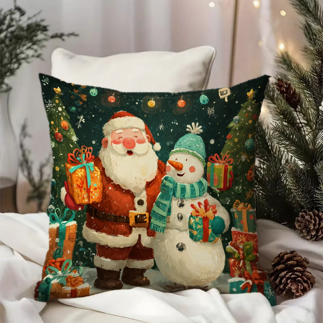 Housse de coussin décorative aux motifs festifs de Père Noël et bonhomme de neige