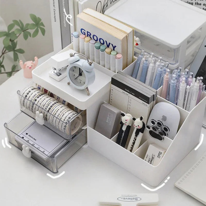 Boîte de rangement transparente pour cosmétiques, organisateur de bureau avec tiroirs, porte-stylo, support de rangement stationnaire pour bureaux de bureau