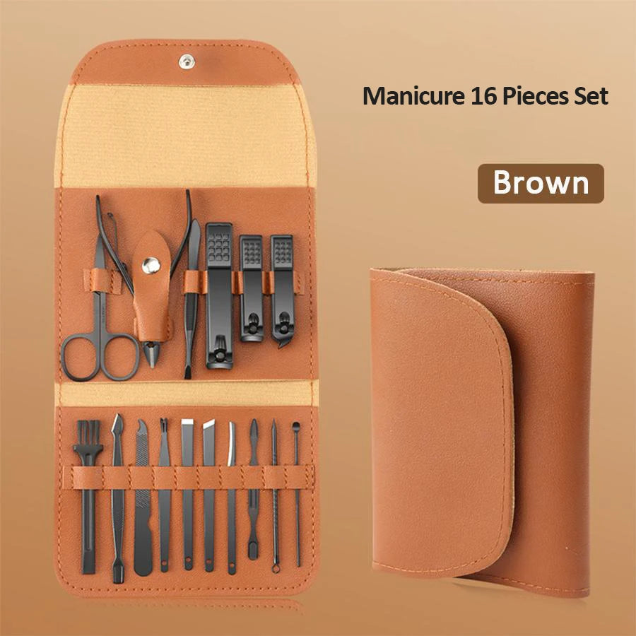 Kit de toilettage des ongles de qualité supérieure, 16 pièces, pour la maison, tondeuses en acier inoxydable, ensemble de pédicure et étui de voyage inclus, ensemble de manucure
