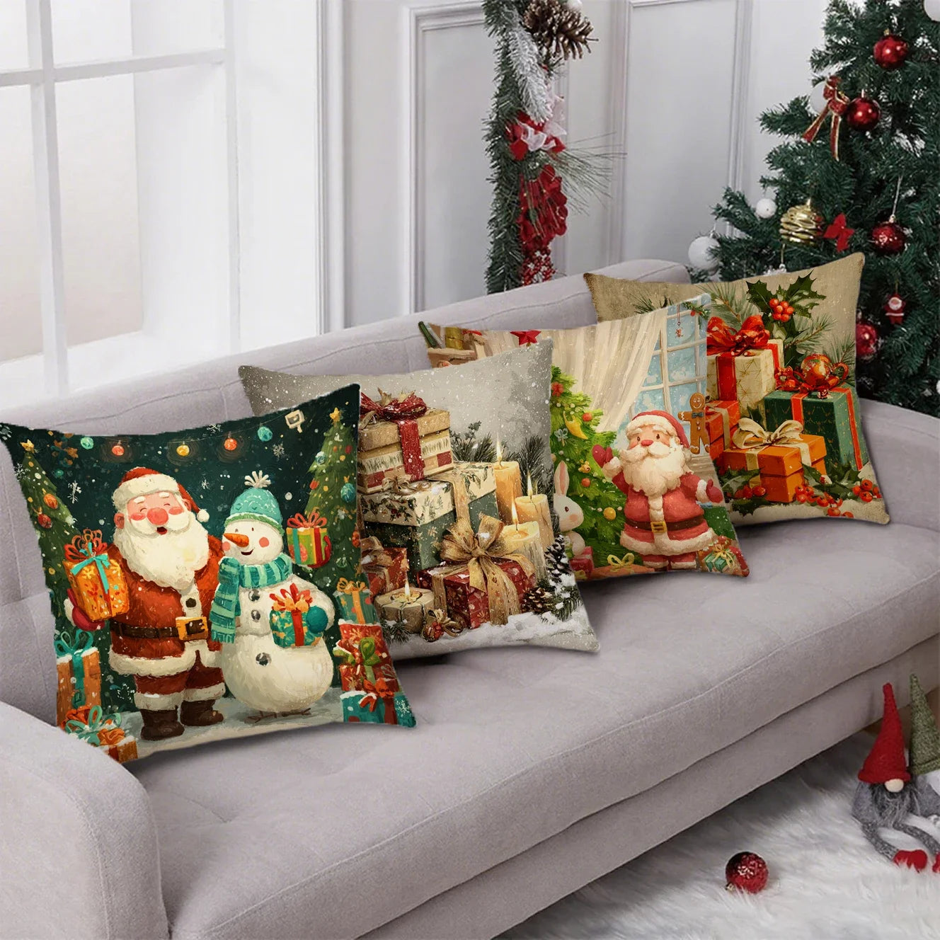 Housse de coussin décorative aux motifs festifs de Père Noël et bonhomme de neige