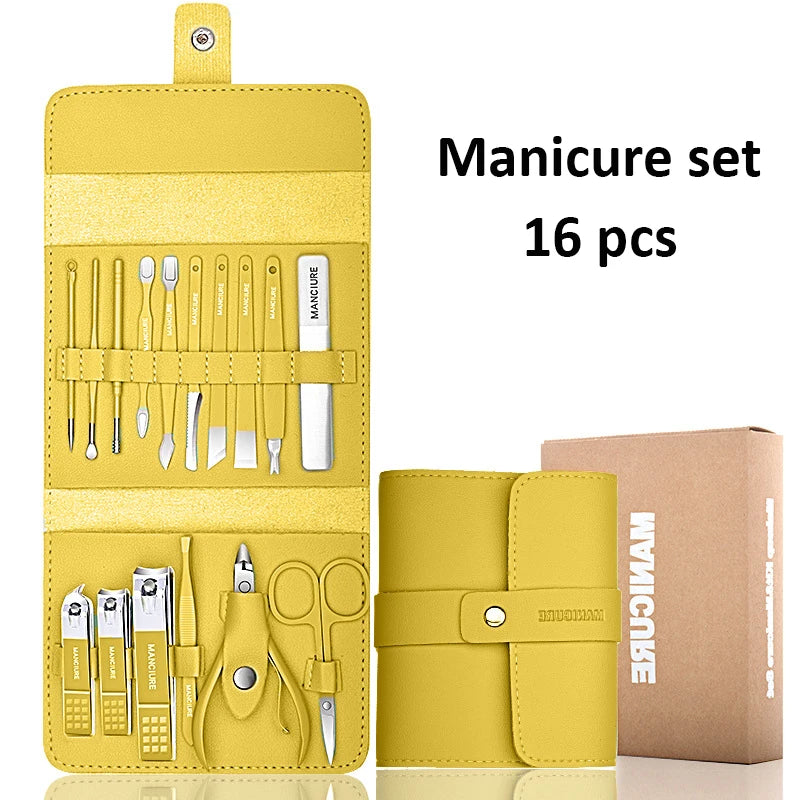Ensemble de manucure professionnel 12/16 pièces, Kit complet de pédicure en acier inoxydable avec étui Portable en cuir, idée cadeau