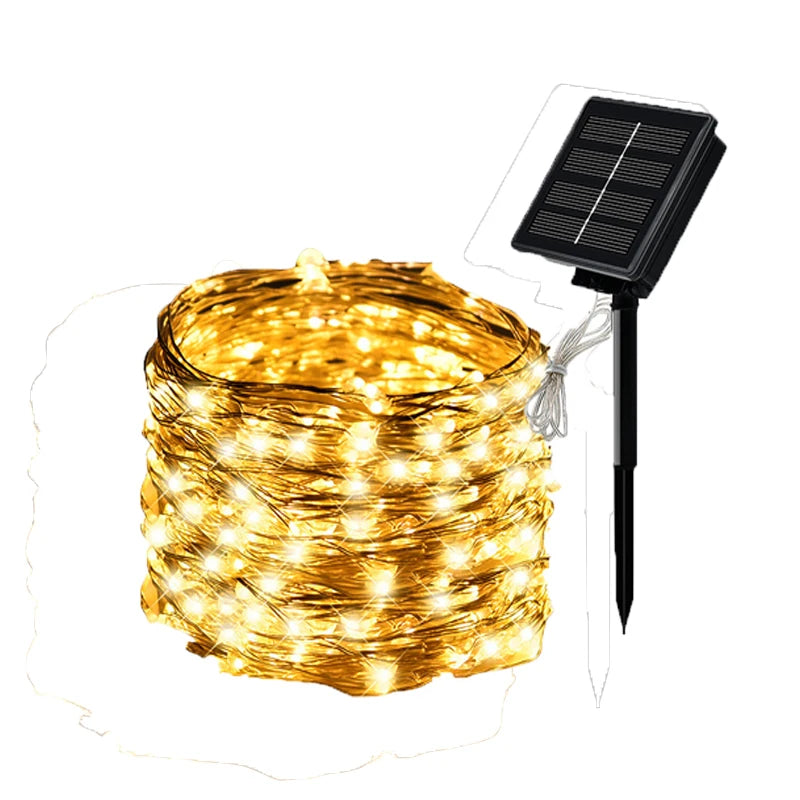 Guirlande solaire d'extérieur LED, guirlande féerique en fil de cuivre, lampe de décoration de jardin, cour, fête de noël, 8 modes