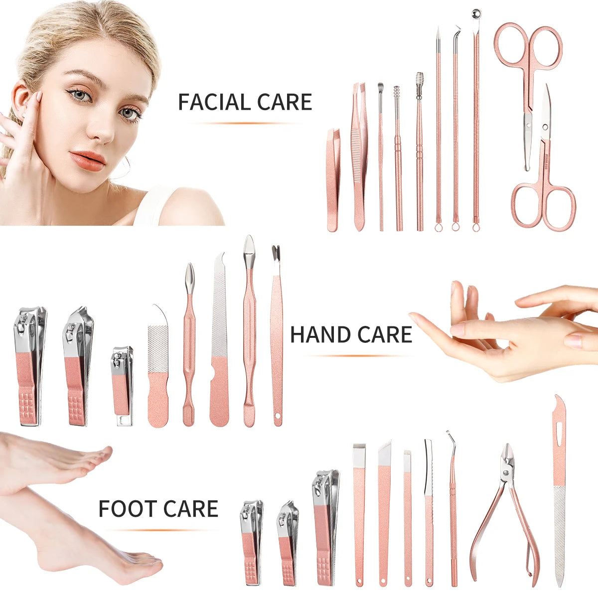 7/16/28 pièces ensemble de coupe-ongles ensemble de manucure professionnel ciseaux de pédicure en acier inoxydable outil de toilettage avec étui de voyage rose