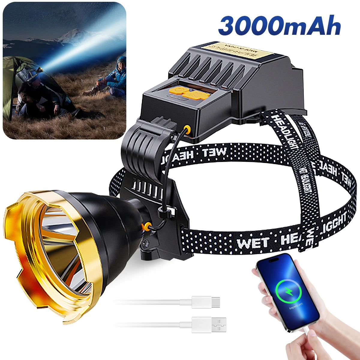 Lampe de poche LED aste super lumineuse, lampe frontale portable, extérieur, chasse, camping de pêche