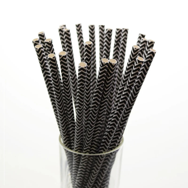 Lot de 25 pailles en papier noir, motif étoiles, rayures, moustache, zèbre, pour décoration de fête prénatale, mariage, anniversaire, Halloween