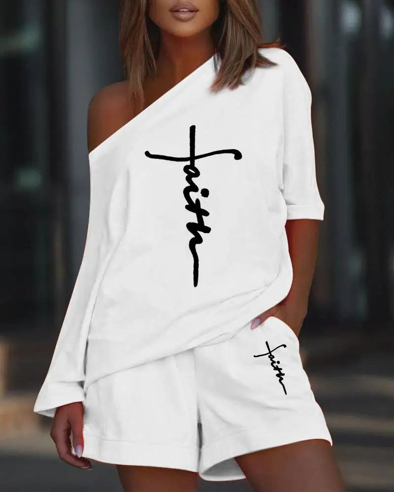 T-shirt à manches longues et col slash pour femme, short droit taille moyenne imbibé, impression adt, été, 2 pièces