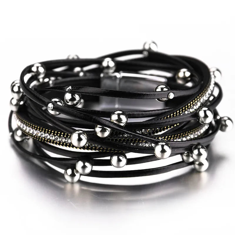 ALLYES – Bracelets en cuir à breloques en perles métalliques pour femmes et hommes, chaîne en cristal, bohème, multicouche, bijoux féminins
