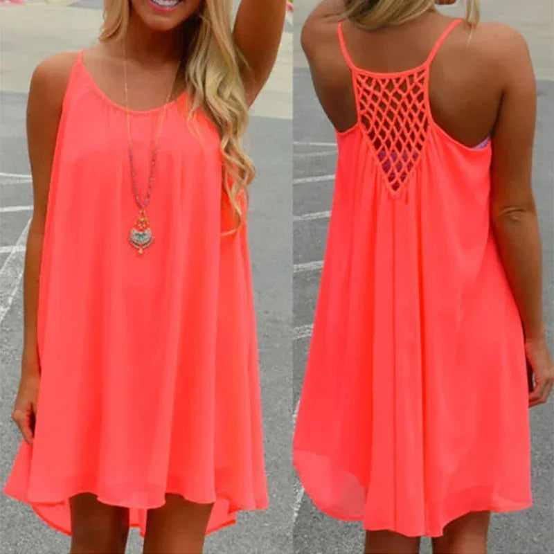 Robe de plage ample et décontractée pour femmes, Mini, sans manches, bretelles Spaghetti, ajouré, vêtements pour filles, moulante, été