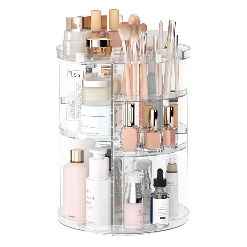 Organisateur de maquillage rotatif, vitrine de cosmétiques avec porte-brosse, plateau de parfum, carrousel de rangement pour comptoir de salle de bain