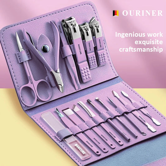 Ensemble de manucure professionnel 12/16 pièces, Kit complet de pédicure en acier inoxydable avec étui Portable en cuir, idée cadeau