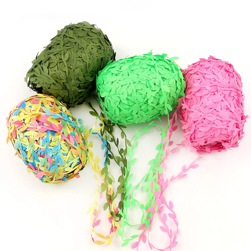 Feuilles artificielles en soie, 5 mètres, vertes et dorées, pour décoration de boîte de mariage, feuillage, scrapbooking, couronne artisanale