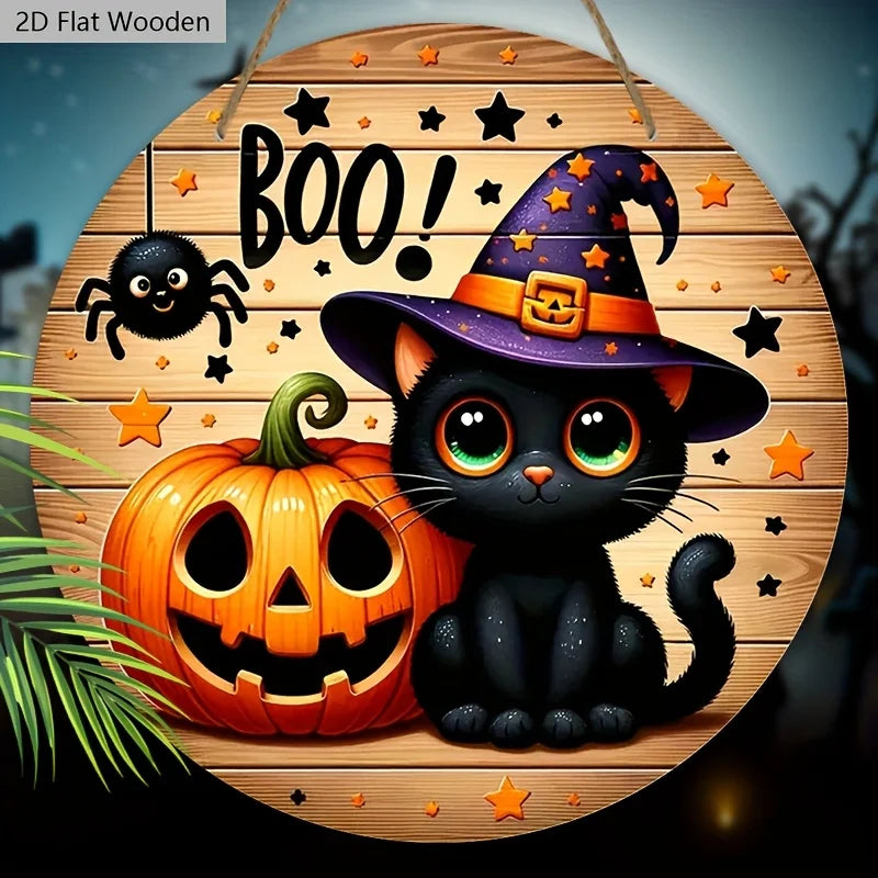 Panneau d'Halloween en bois, pendentif en bois BOO avec motif chat noir et citrouille
