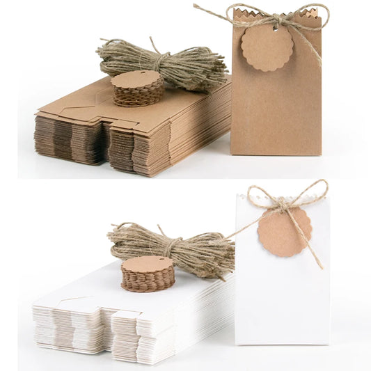 Boîte-cadeau rétro en papier Kraft, 10 à 30 pièces, sac d'emballage de bonbons pour biscuits blancs et bruns avec étiquettes en corde