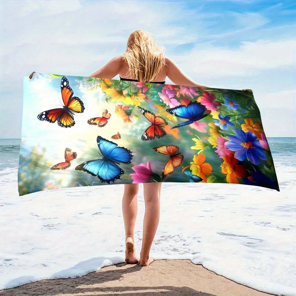 Serviette de plage motif papillon et fleur, protection solaire et coupe-vent, adaptée à la plage, piscine, camping, voyage, couverture de plage