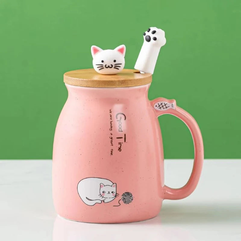Tasse résistante à la chaleur pour chat, couleur créative, dessin animé avec couvercle, tasse de 450ml, chaton, café, tasses en céramique, tasse pour enfants, verres de bureau, cadeau