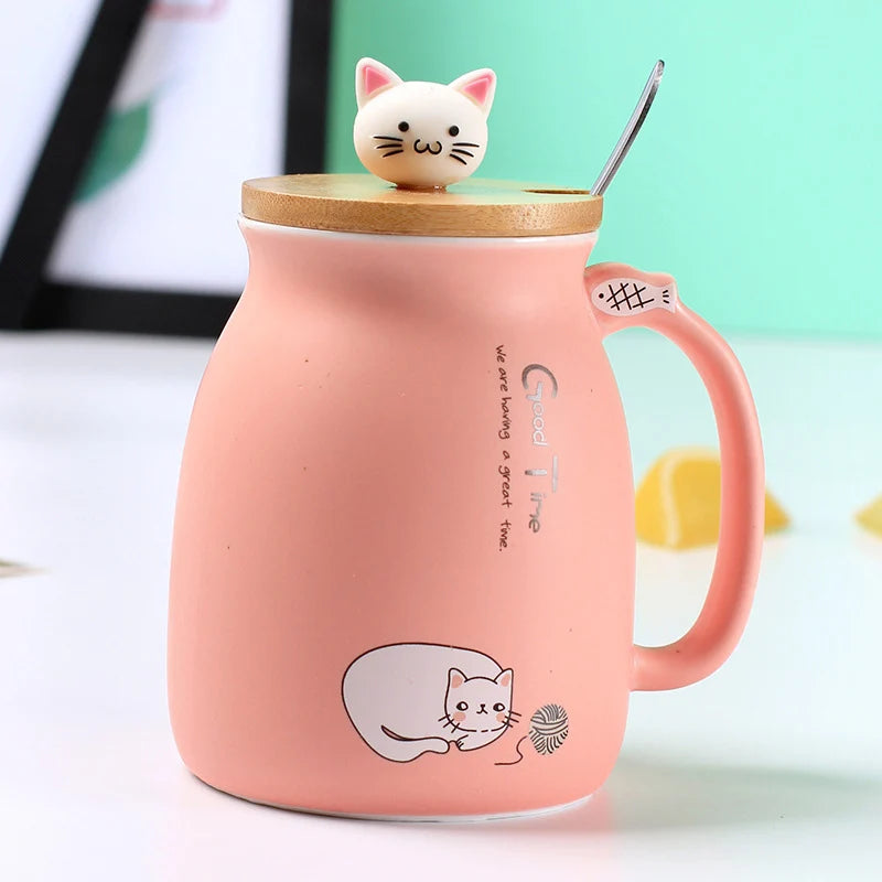 Tasse résistante à la chaleur pour chat, couleur créative, dessin animé avec couvercle, tasse de 450ml, chaton, café, tasses en céramique, tasse pour enfants, verres de bureau, cadeau
