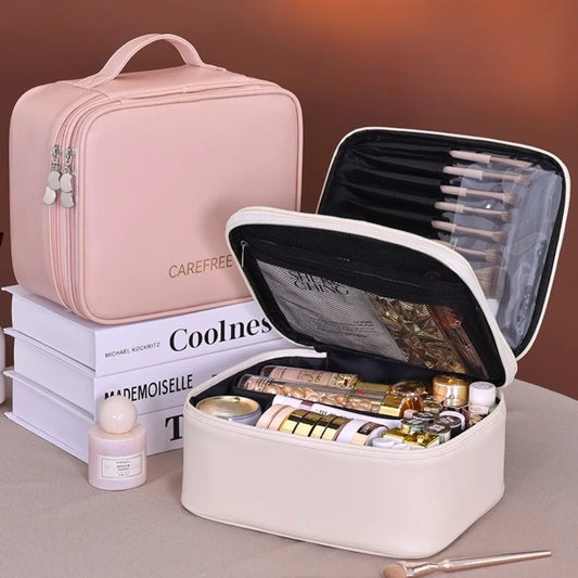 Pu Leather Fashion Women Travel Makeup Bag Tote Large Capacity Organizer Cosmetic Toiletry Pouch Luxury Double Layer Makeup Bag