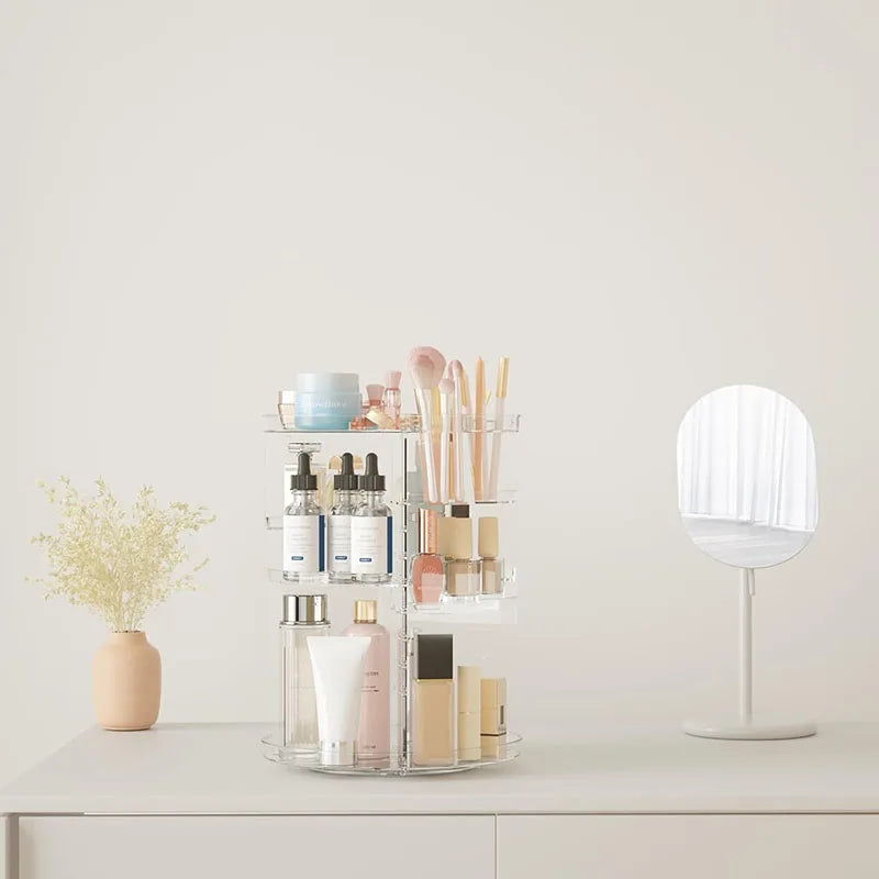Organisateur de maquillage rotatif, vitrine de cosmétiques avec porte-brosse, plateau de parfum, carrousel de rangement pour comptoir de salle de bain