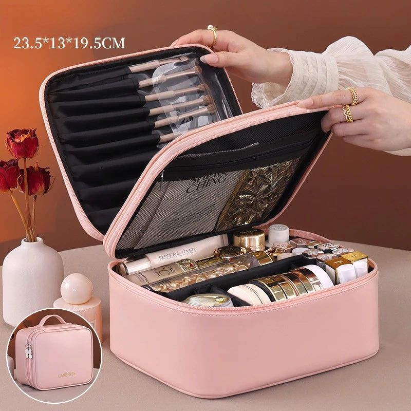 Pu Leather Fashion Women Travel Makeup Bag Tote Large Capacity Organizer Cosmetic Toiletry Pouch Luxury Double Layer Makeup Bag