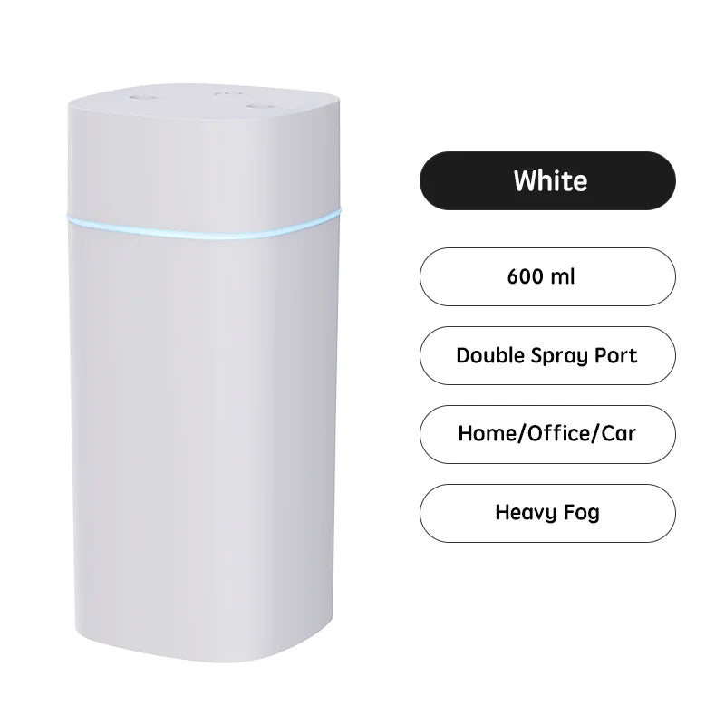 Humidificateur d'air USB, Double Port de pulvérisation, huile essentielle, 600ml, aromathérapie, brumisateur frais, purifie pour le bureau et la maison