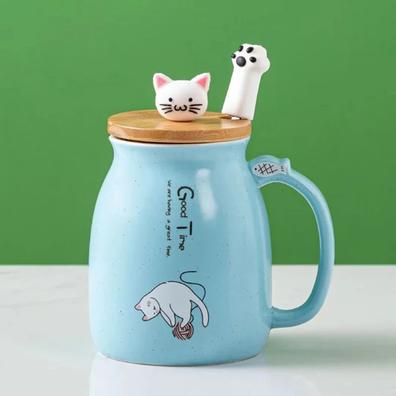 Tasse résistante à la chaleur pour chat, couleur créative, dessin animé avec couvercle, tasse de 450ml, chaton, café, tasses en céramique, tasse pour enfants, verres de bureau, cadeau