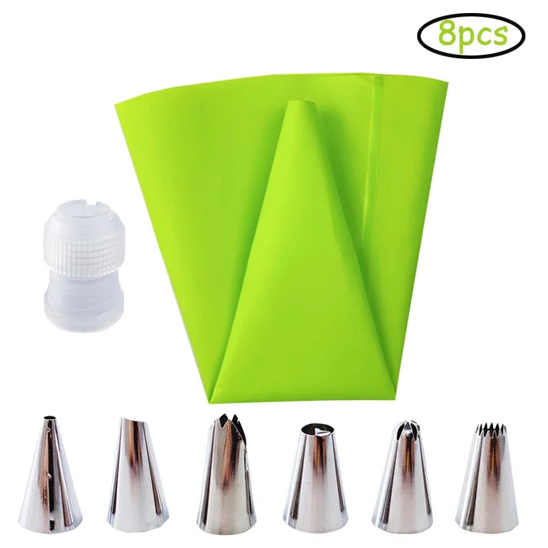Accessoires de cuisine en silicone pour glaçage à la crème, ensemble de 8 pièces avec 6 douilles en acier inoxydable pour décoration de gâteaux à faire soi-même