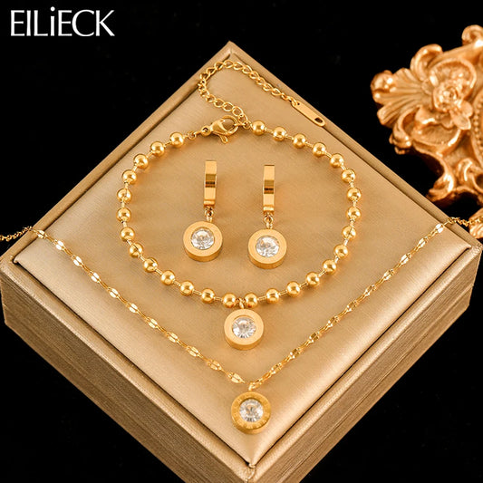 EILIECK 316L acier inoxydable chiffre romain Zircon collier Bracelets boucles d'oreilles ensemble