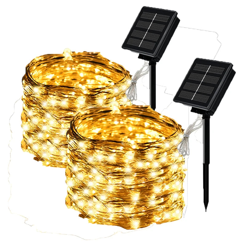 Guirlande solaire d'extérieur LED, guirlande féerique en fil de cuivre, lampe de décoration de jardin, cour, fête de noël, 8 modes