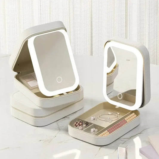 Boîte de rangement de maquillage avec miroir lumineux Led, étui à cosmétiques de voyage Portable, lumière tactile, pinceaux de maquillage, organisateur de rangement d'outils de beauté