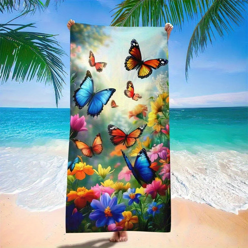 Serviette de plage motif papillon et fleur, protection solaire et coupe-vent, adaptée à la plage, piscine, camping, voyage, couverture de plage