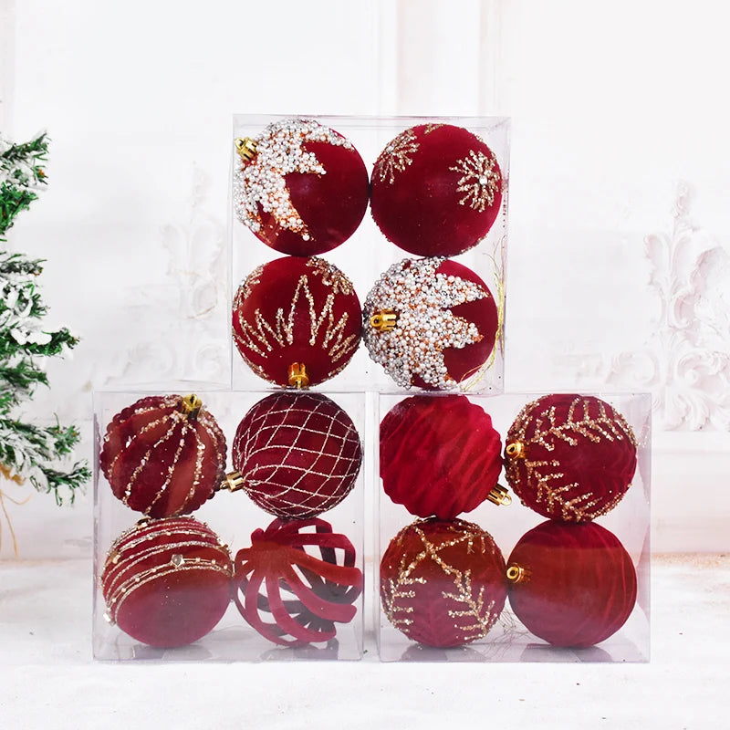Ornements de boule de Noël rouge vin, paillettes scintillantes, velours, arbre de Noël 8cm, 4 pièces par boîte