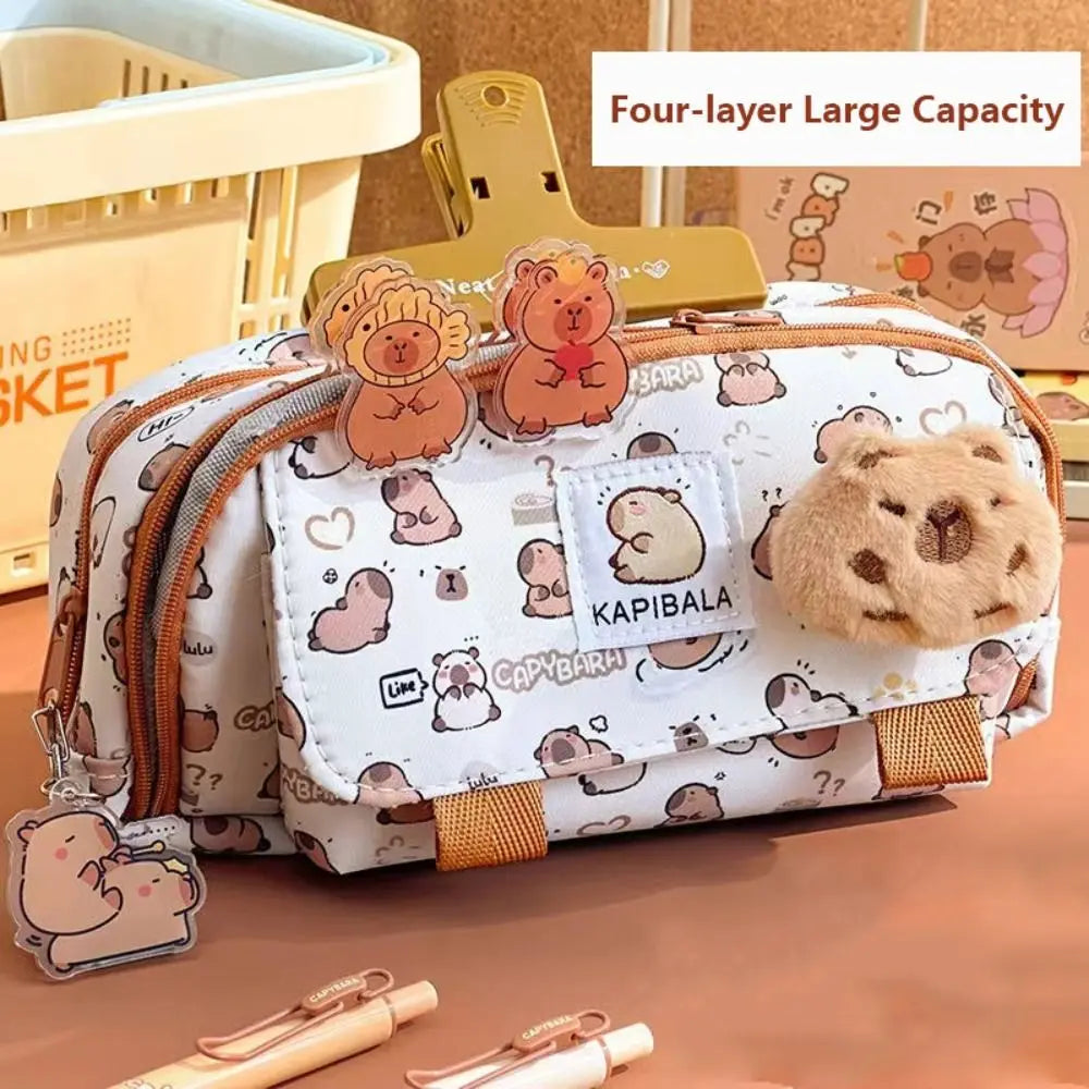 INS Capybara – sac à stylos à quatre couches de grande capacité, trousse à crayons de dessin animé mignon, organisateur de papeterie