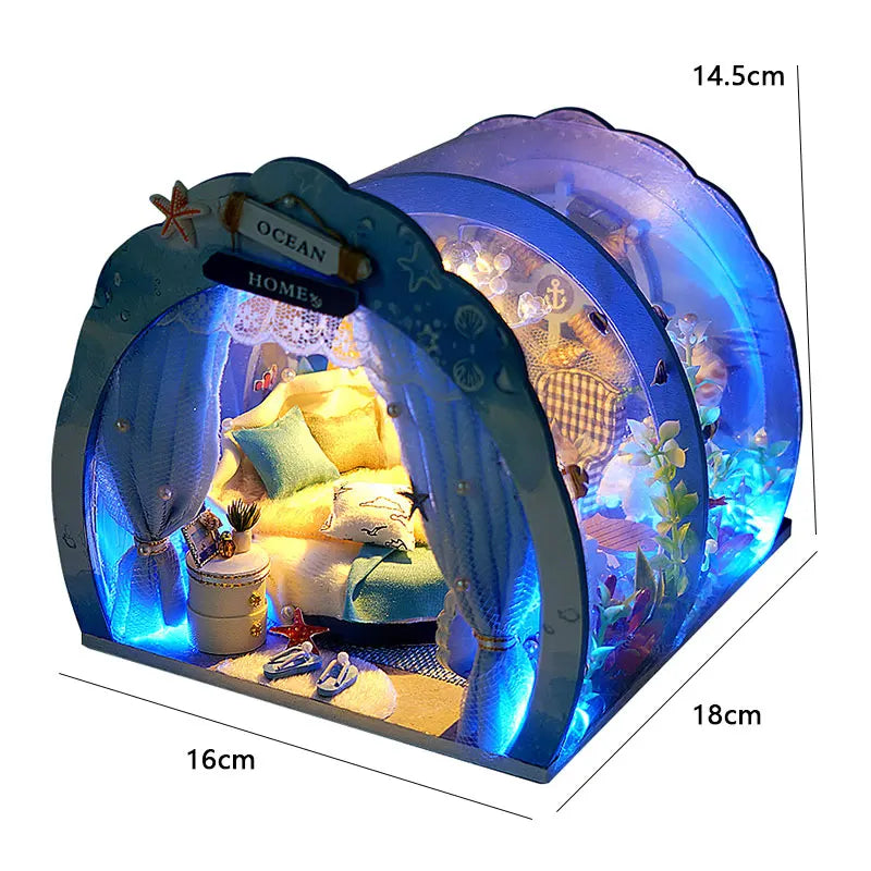 Mini maison de poupée en bois avec meubles, Kit d'éclairage, accessoires miniatures, jouets en bois faits à la main, cadeaux d'anniversaire, bricolage